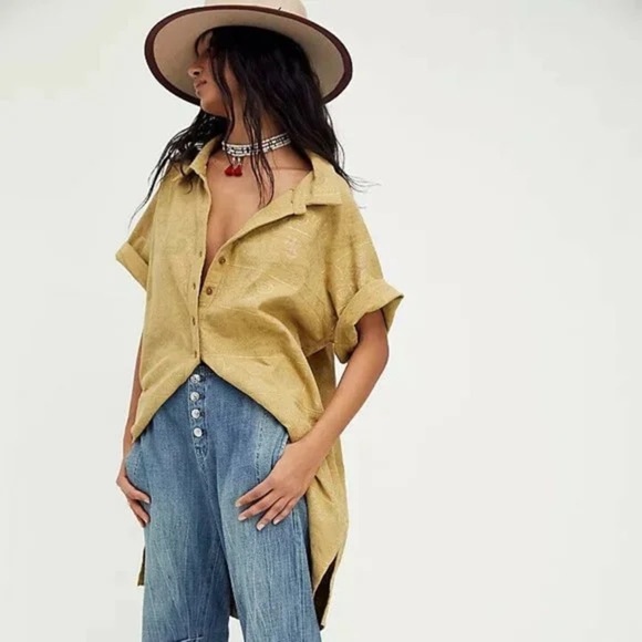 FREE PEOPLE Women's XS Yin To My Yang Tunic Top Button Down Shirt Dress Tan - Picture 1 of 16